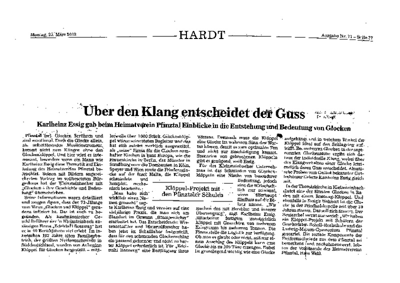 Karlheinz Essig von Edelstahl Rosswag in BNN über die Entstehung und Bedeutung von Glocken